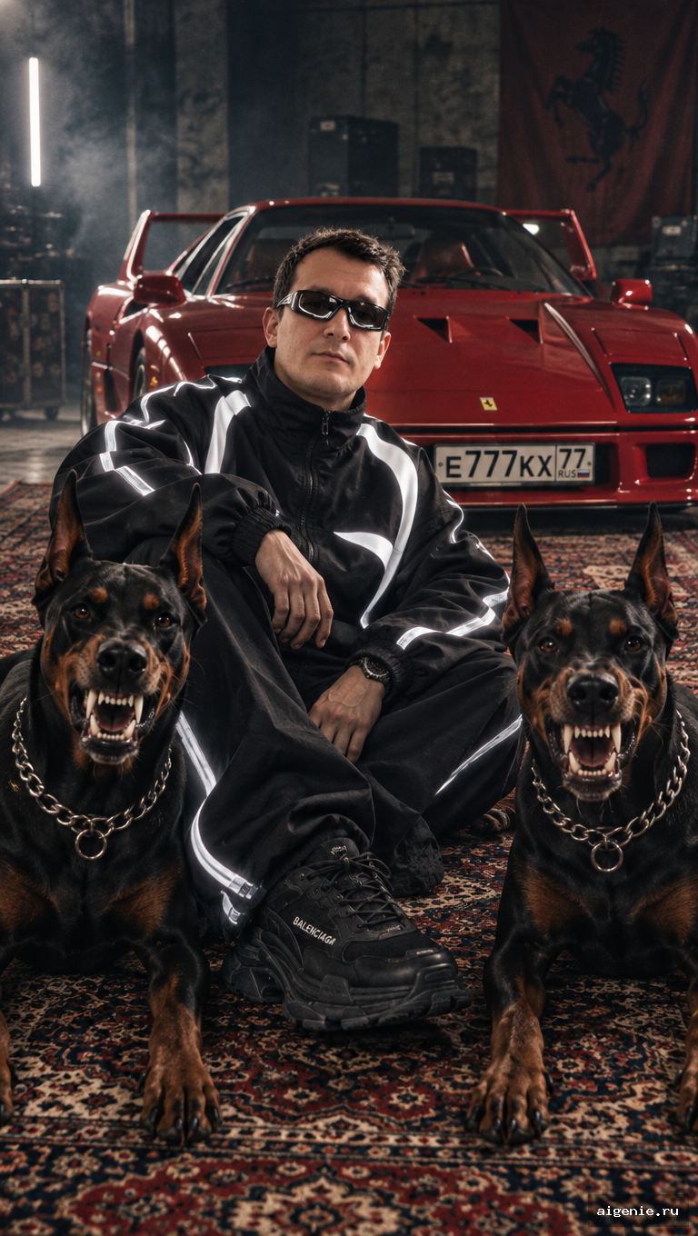 На фоне Ferrari c доберманами - промпт для генерации